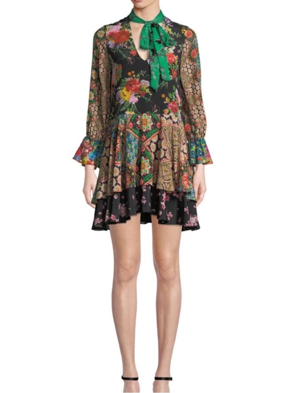 Alice+Olivia Floral Tie Neck Moore Dress Size Medium Silk Mini Boho Party